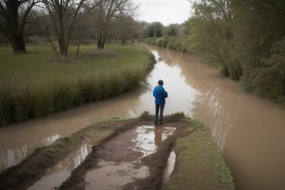 Person standing at the edge of a muddy river