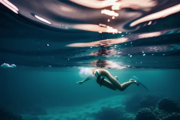 A serene underwater scene with a person swimming peacefully